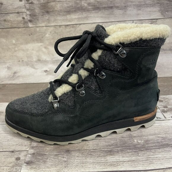 Sorel Sneakchic Alpine Wedge Ankle Boots Bootie Wool Leather Black Size … - Picture 9 of 13